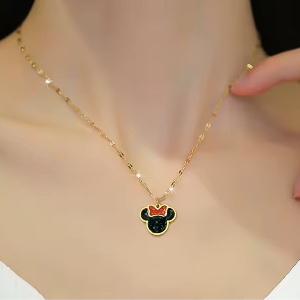 18K Gold Minnie Mouse Theme Black & Red Crystal Adorned Necklace No Fade - Picture 3 of 6